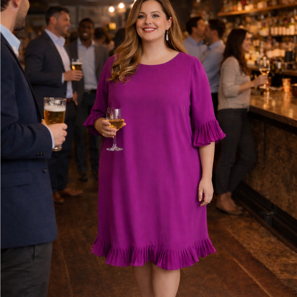 Alfani 24w Magenta Shift Dress Pleated Ruffle Hem Sleeve Plus Size Career Party